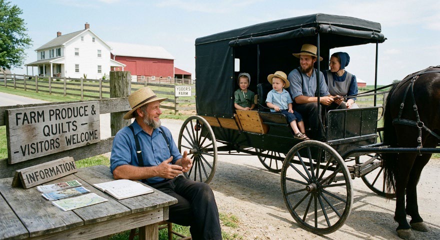 An Amish family arriving by horse and buggy at the new settlement