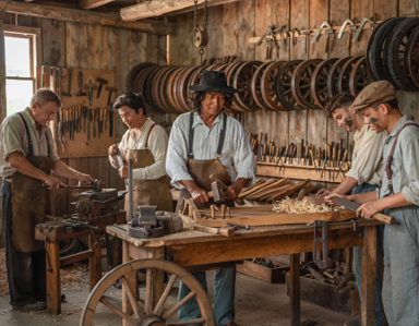A wheelwright and apprentices building a wooden wagon wheel