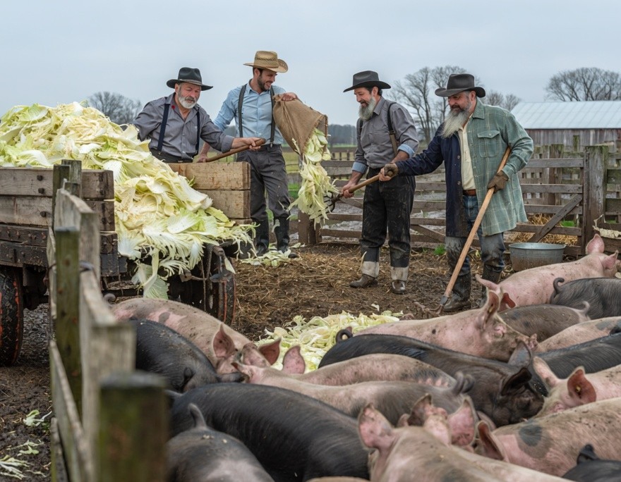 Hogs gathering eagerly around their feeding trough