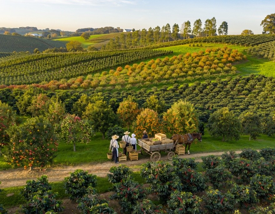 Workers planting the Great Orchard across the rolling hills