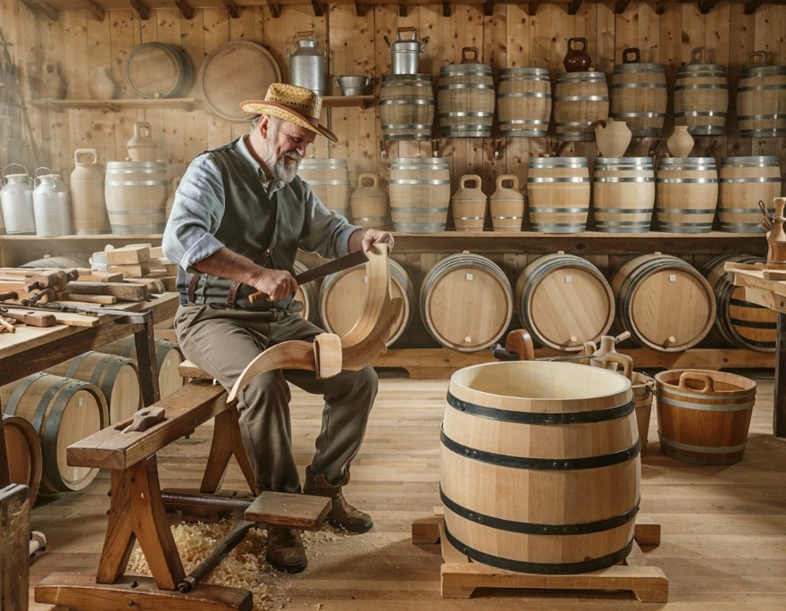 The cooper's shop with barrels, buckets, and wooden casks