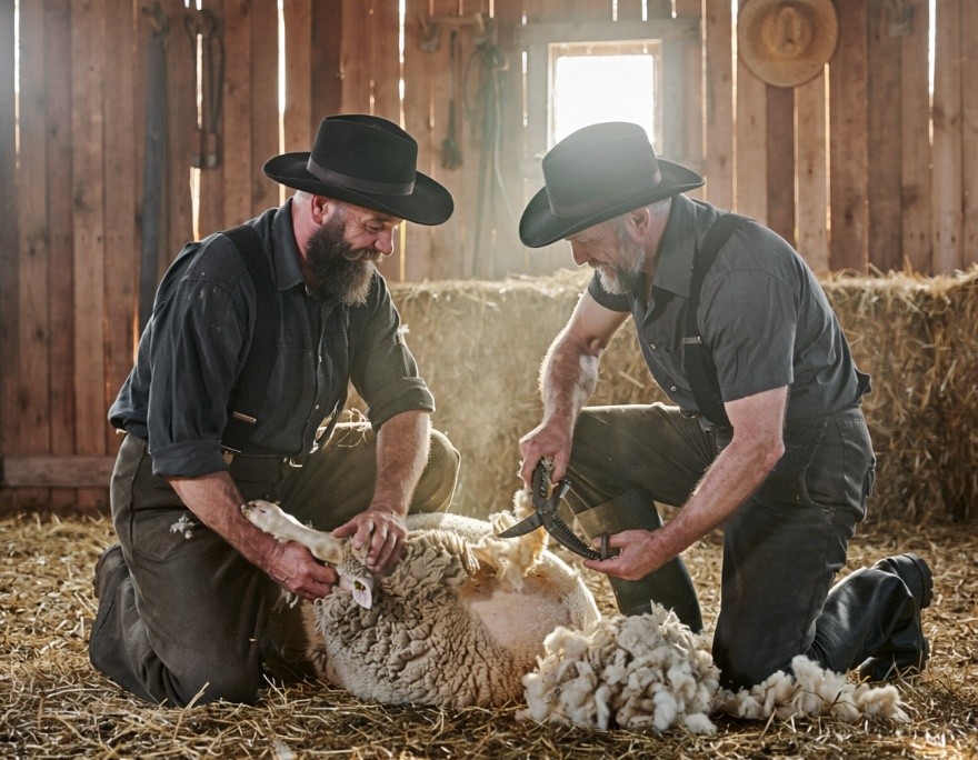 Sheep being carefully hand-sheared inside the settlement barn