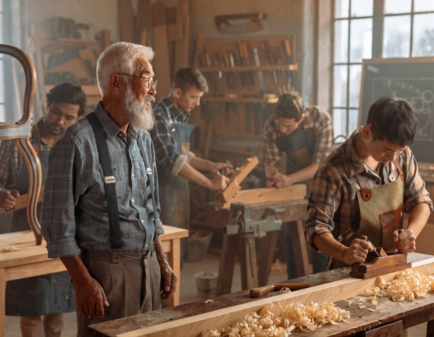Furniture makers and apprentices working in the settlement shop