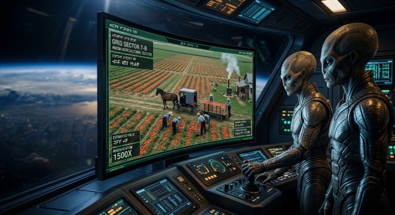 Observers aboard a spacecraft watch Earth's settlement