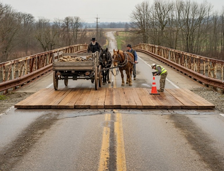 The repaired bridge with a temporary timber roadway across the damaged section